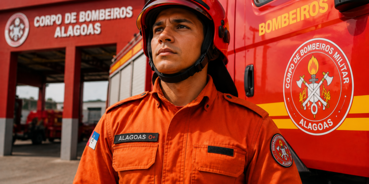 Bombeiro militar com uniforme laranja e capacete vermelho ao lado de viatura do Corpo de Bombeiros de Alagoas.
