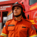 Bombeiro militar com uniforme laranja e capacete vermelho ao lado de viatura do Corpo de Bombeiros de Alagoas.