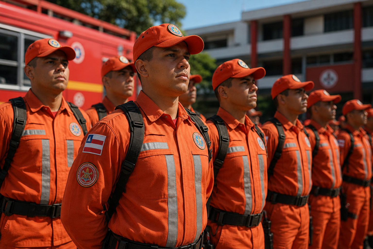 Bombeiros militares da Bahia em formação com uniformes laranjas, bonés e faixas refletivas durante cerimônia oficial.
