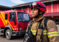 Bombeiro do CBM-BA com capacete vermelho e uniforme marrom, ao fundo caminhão vermelho e amarelo no quartel.