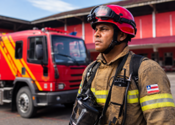 Bombeiro do CBM-BA com capacete vermelho e uniforme marrom, ao fundo caminhão vermelho e amarelo no quartel.