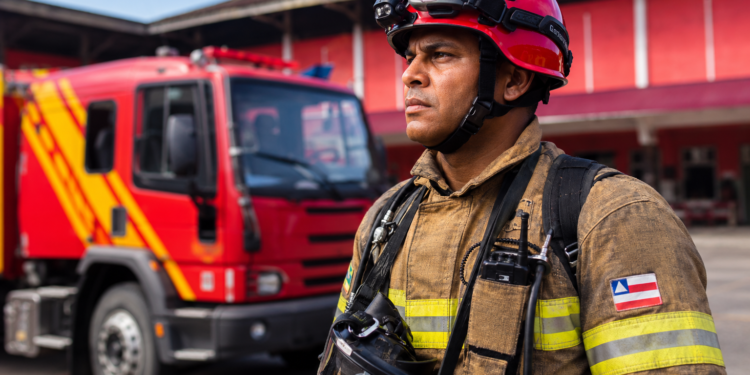 Bombeiro do CBM-BA com capacete vermelho e uniforme marrom, ao fundo caminhão vermelho e amarelo no quartel.