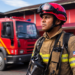 Bombeiro do CBM-BA com capacete vermelho e uniforme marrom, ao fundo caminhão vermelho e amarelo no quartel.