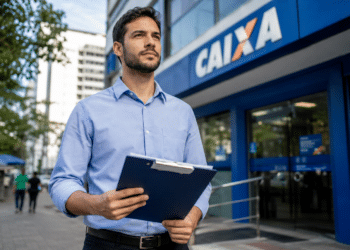 Homem jovem de camisa azul claro segurando prancheta azul em frente a fachada de agência da Caixa Econômica Federal.