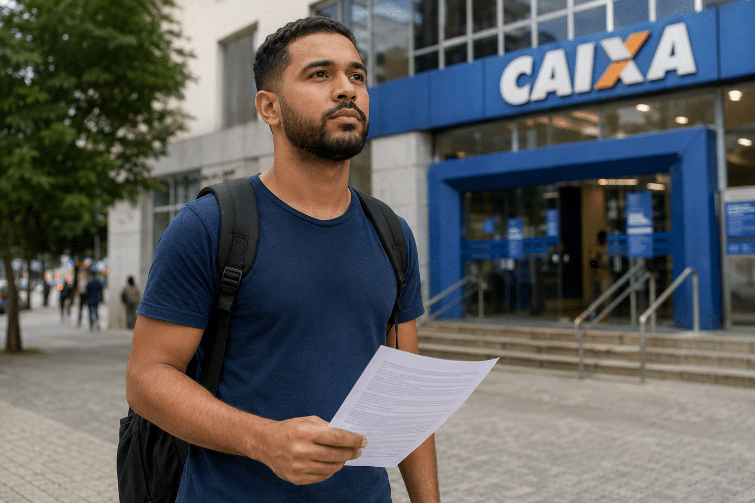 Homem jovem com camiseta azul-marinho e mochila preta segura papéis diante de fachada da Caixa Econômica Federal.