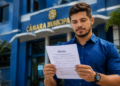 Homem de camisa azul segura documento com título "Edital" em frente ao prédio azul da Câmara Municipal.