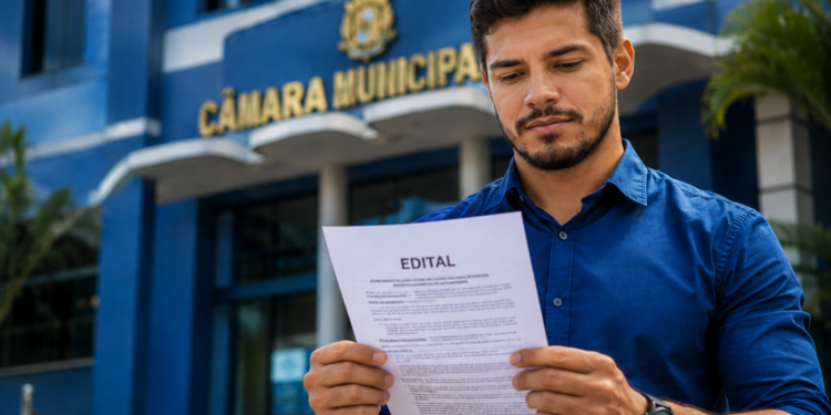 Homem de camisa azul segura documento com título "Edital" em frente ao prédio azul da Câmara Municipal.