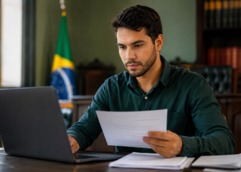 Homem de camisa verde-escura segura folha de papel enquanto olha para laptop em escritório com bandeira brasileira ao fundo.