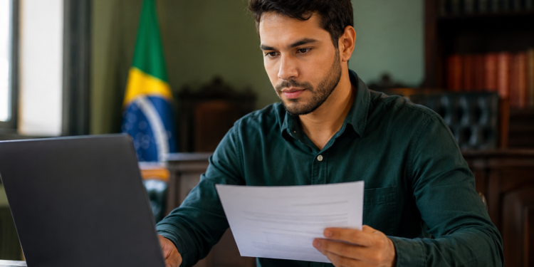 Homem de camisa verde-escura segura folha de papel enquanto olha para laptop em escritório com bandeira brasileira ao fundo.