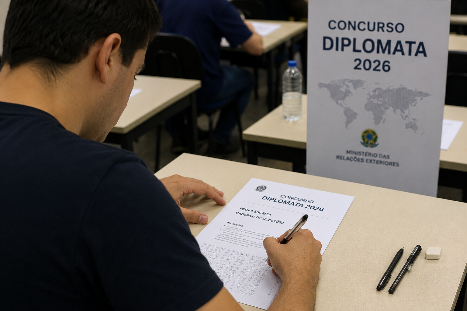 Candidato de camiseta azul marinho responde caderno de questões do Concurso Diplomata 2026 em sala de aplicação.