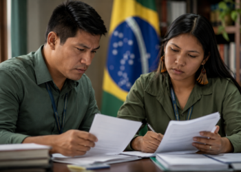 Dois profissionais indígenas com camisas verde-oliva revisam papéis em escritório com bandeira do Brasil ao fundo.