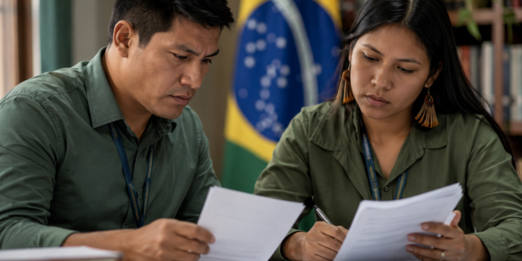 Dois profissionais indígenas com camisas verde-oliva revisam papéis em escritório com bandeira do Brasil ao fundo.