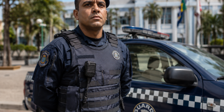 Guarda municipal fardado com colete balístico azul marinho ao lado de viatura com emblema da corporação.