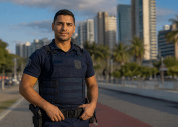 Agente de segurança com colete balístico e uniforme azul-marinho em avenida costeira com palmeiras e arranha-céus.