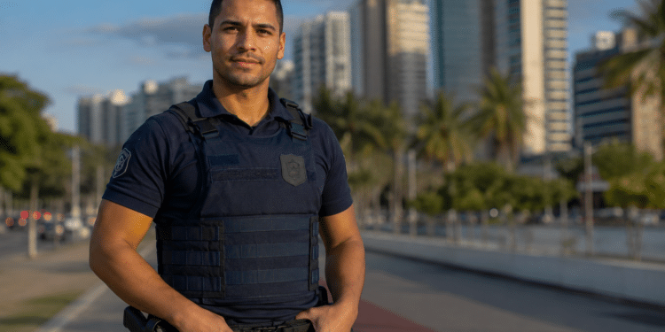 Agente de segurança com colete balístico e uniforme azul-marinho em avenida costeira com palmeiras e arranha-céus.