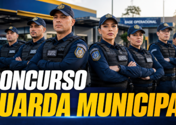 Agentes da Guarda Municipal em formação com coletes e bonés azuis diante de base operacional