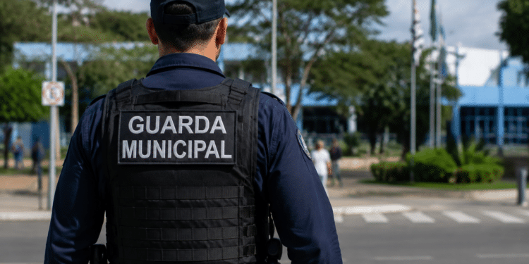 Guarda Municipal de costas com colete tático preto e uniforme azul-marinho vigia área verde com bandeiras.