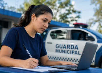 Mulher de camiseta azul marinho escreve em papel enquanto opera laptop cinza ao lado de viatura da Guarda Municipal.