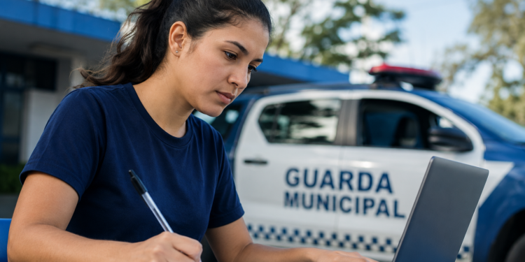 Mulher de camiseta azul marinho escreve em papel enquanto opera laptop cinza ao lado de viatura da Guarda Municipal.