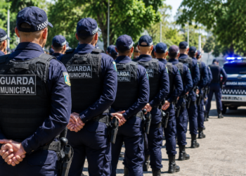 Guardas municipais de costas em fila indiana usando uniforme azul marinho, bonés e coletes, com viatura ao fundo.
