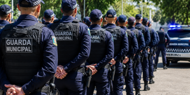 Guardas municipais de costas em fila indiana usando uniforme azul marinho, bonés e coletes, com viatura ao fundo.