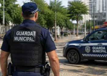 Guarda municipal fardado ao lado de uma viatura durante patrulhamento em área urbana de Minas Gerais.