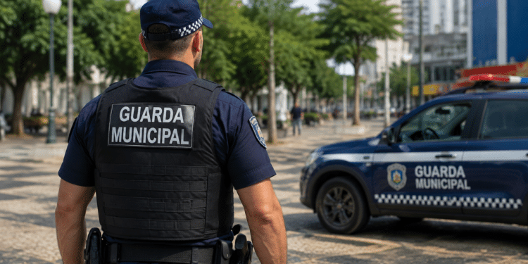 Guarda municipal fardado ao lado de uma viatura durante patrulhamento em área urbana de Minas Gerais.