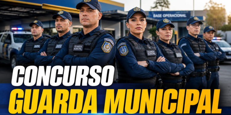 Grupo de 8 guardas municipais uniformizados com coletes e bonés azuis em frente à Base Operacional