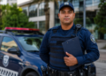 Guarda Civil Municipal fardado de azul marinho segurando prancheta preta ao lado de viatura com giroflex.