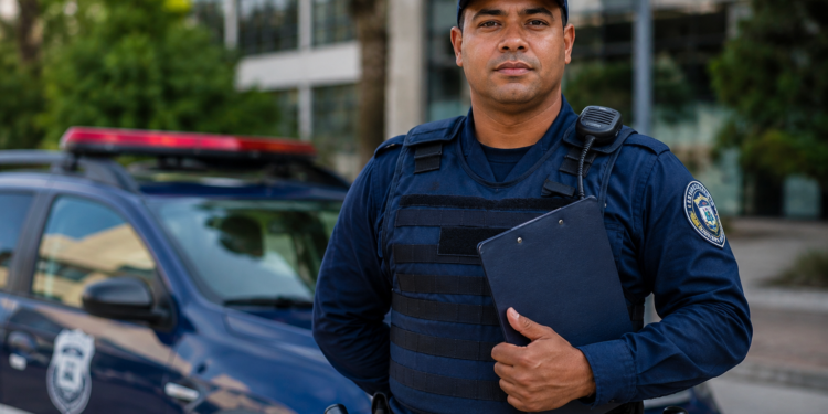 Guarda Civil Municipal fardado de azul marinho segurando prancheta preta ao lado de viatura com giroflex.