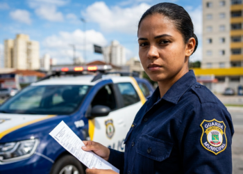 Agente da Guarda Municipal com uniforme azul segura documento de infração em frente a viatura Duster