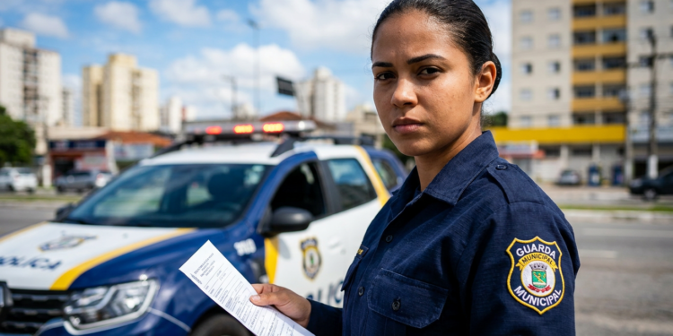 Agente da Guarda Municipal com uniforme azul segura documento de infração em frente a viatura Duster