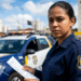Agente da Guarda Municipal com uniforme azul segura documento de infração em frente a viatura Duster