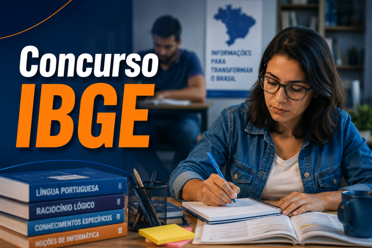 Mulher de jaqueta jeans estudando com livros de Língua Portuguesa e Raciocínio Lógico, anotando em caderno.