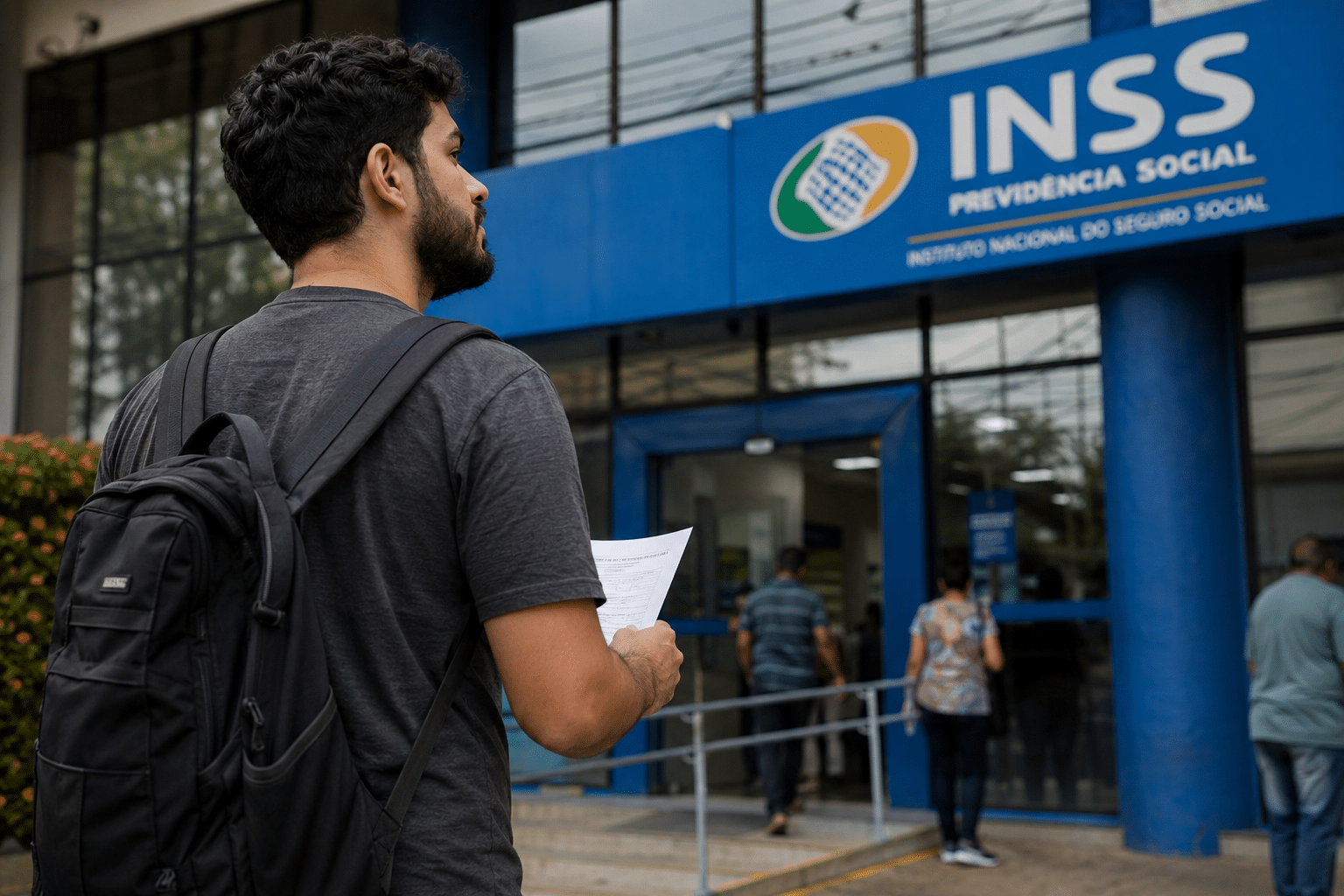 Homem jovem de cabelos cacheados segura documento em frente à agência do INSS Previdência Social.