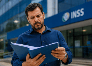 Homem de camisa azul marinho, barba grisalha, expressão preocupada, segura pasta azul com papéis diante do prédio do INSS.