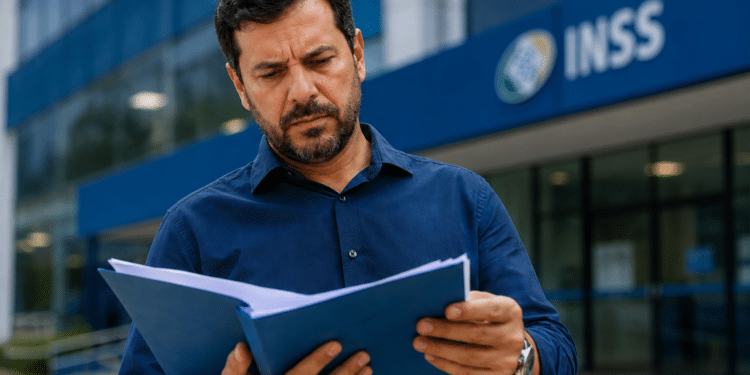 Homem de camisa azul marinho, barba grisalha, expressão preocupada, segura pasta azul com papéis diante do prédio do INSS.