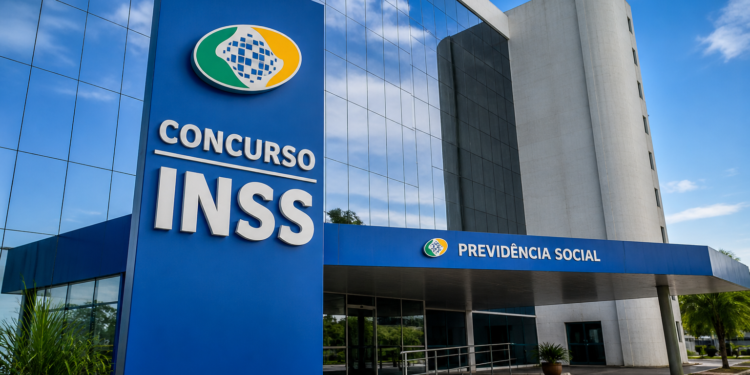 Prédio do INSS com fachada azul, placa de Concurso INSS e letreiro Previdência Social na entrada