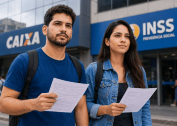 Homem de camiseta azul e mulher de jaqueta jeans seguram formulários em frente à agência da CAIXA e INSS.