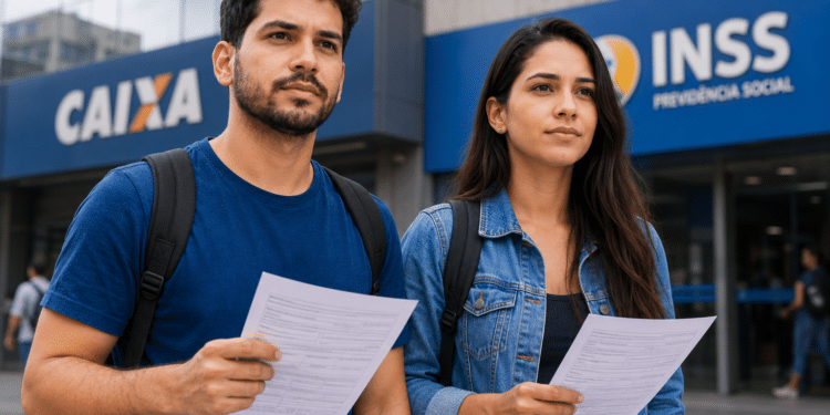 Homem de camiseta azul e mulher de jaqueta jeans seguram formulários em frente à agência da CAIXA e INSS.