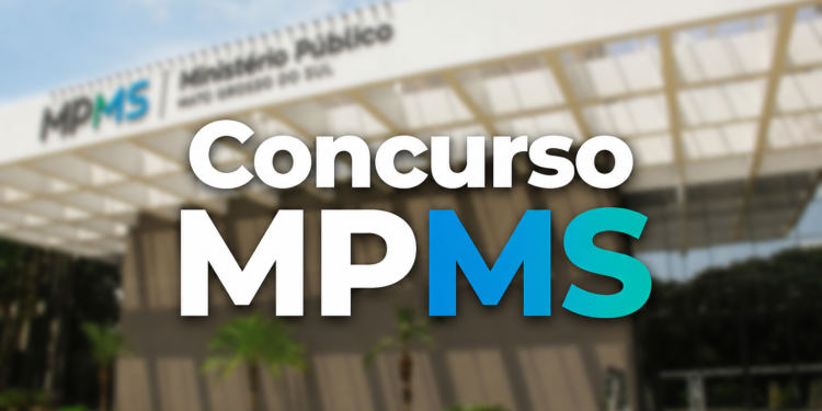 Sede do Ministério Público de Mato Grosso do Sul com texto "Concurso MPMS" em destaque azul e branco