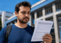 Jovem analisa documento de inscrição em concurso público diante de prédio institucional.