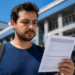 Jovem analisa documento de inscrição em concurso público diante de prédio institucional.