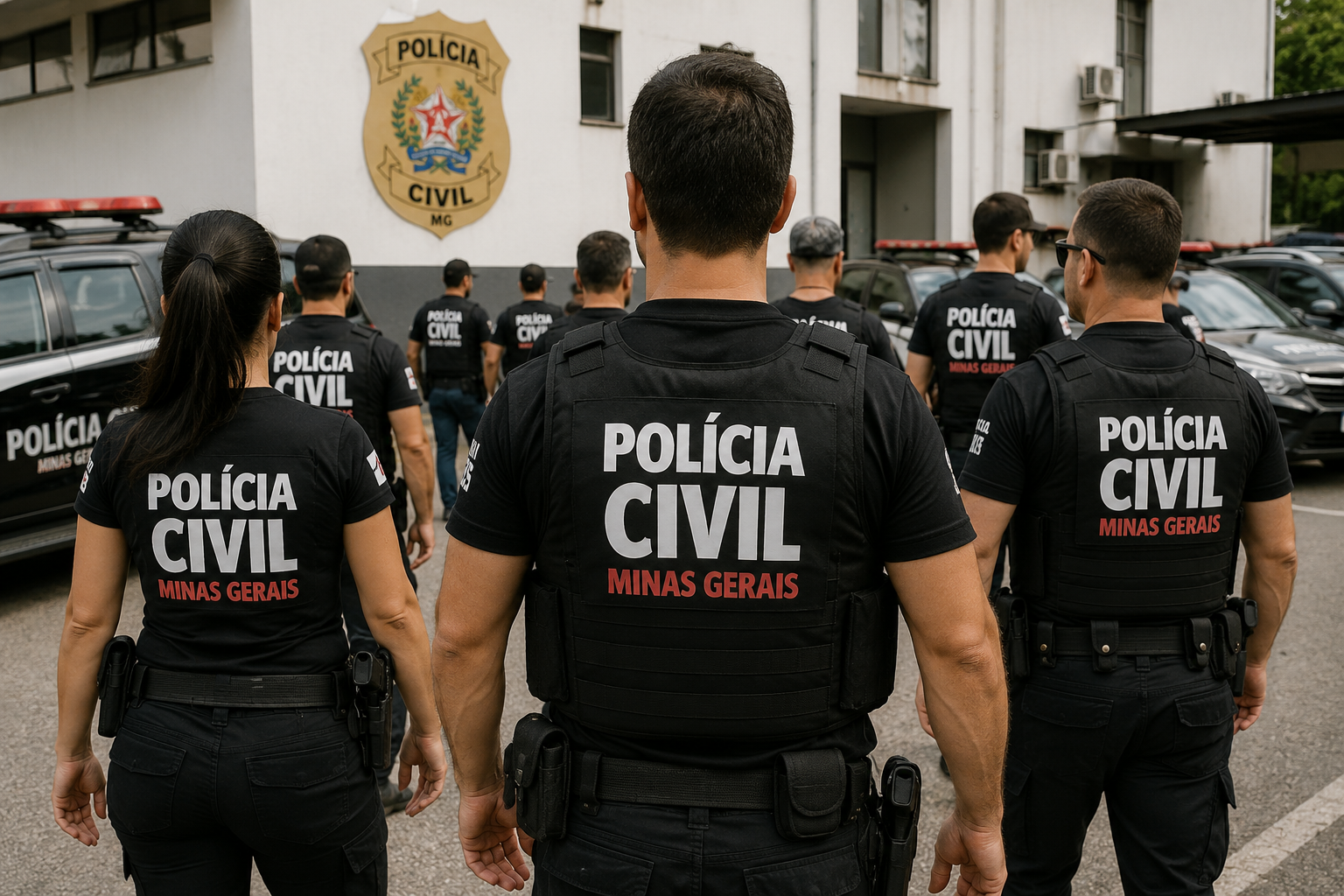 Policiais civis de MG uniformizados vistos de costas, com camisetas pretas e viaturas ao fundo.