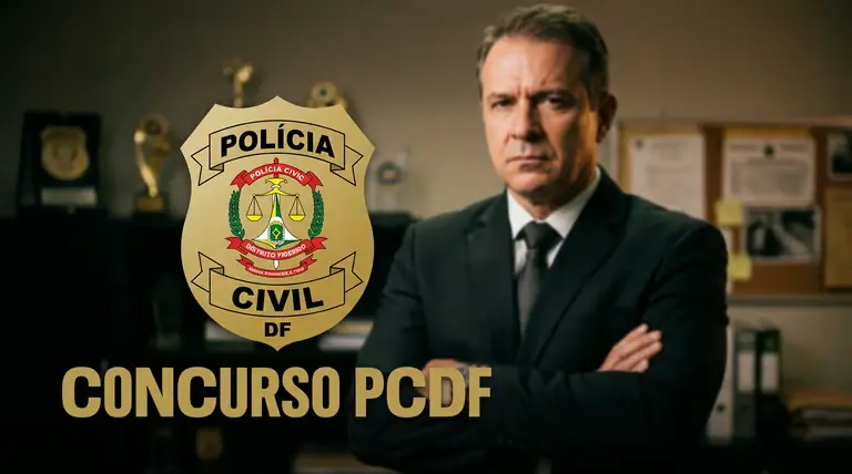 Arte do concurso PCDF com brasão da Polícia Civil do DF e homem de terno ao fundo.