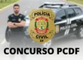 Imagem do concurso para delegado da PCDF com viatura, policial e brasão da Polícia Civil do Distrito Federal.