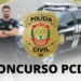 Imagem do concurso para delegado da PCDF com viatura, policial e brasão da Polícia Civil do Distrito Federal.