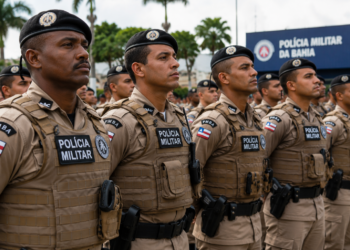 Soldados da PMBA perfilados usando uniforme bege com colete tático, boina preta e distintivos da bandeira da Bahia.