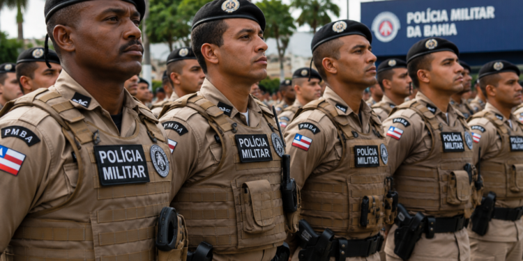 Soldados da PMBA perfilados usando uniforme bege com colete tático, boina preta e distintivos da bandeira da Bahia.