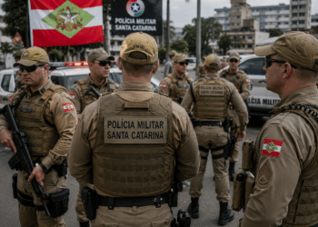 Policiais militares de Santa Catarina com coletes táticos cor cáqui e bonés em formação ao ar livre.